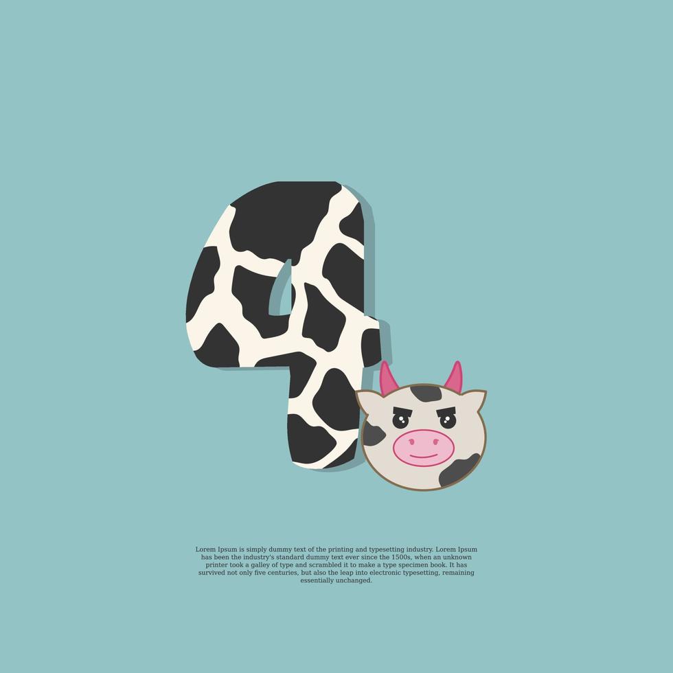 cow skin number 4 with cute cow sticker doodle icon vector