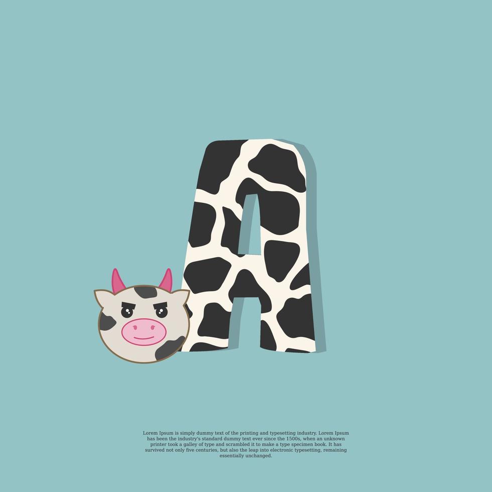 cow skin letter A with cute cow sticker doodle icon vector