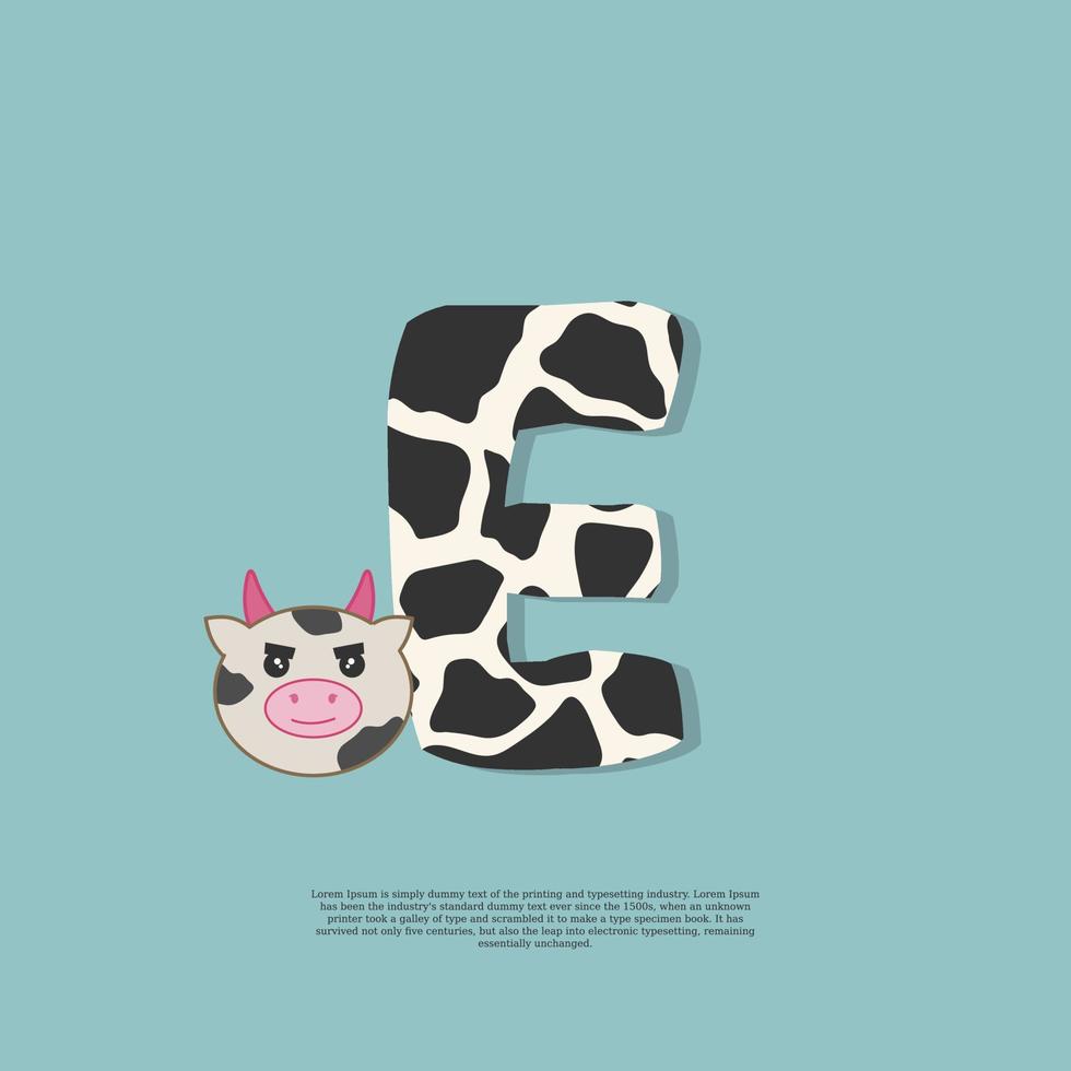 cow skin letter E with cute cow sticker doodle icon vector