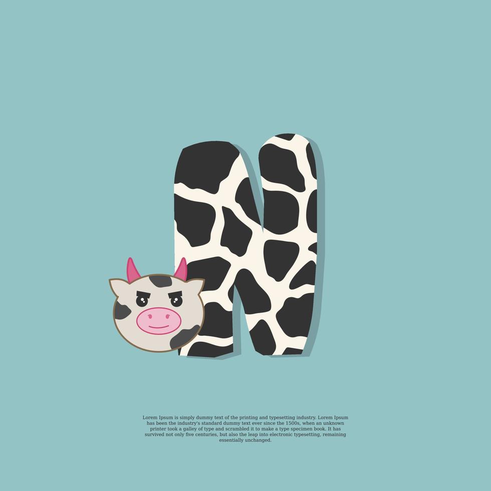 cow skin letter N with cute cow sticker doodle icon vector