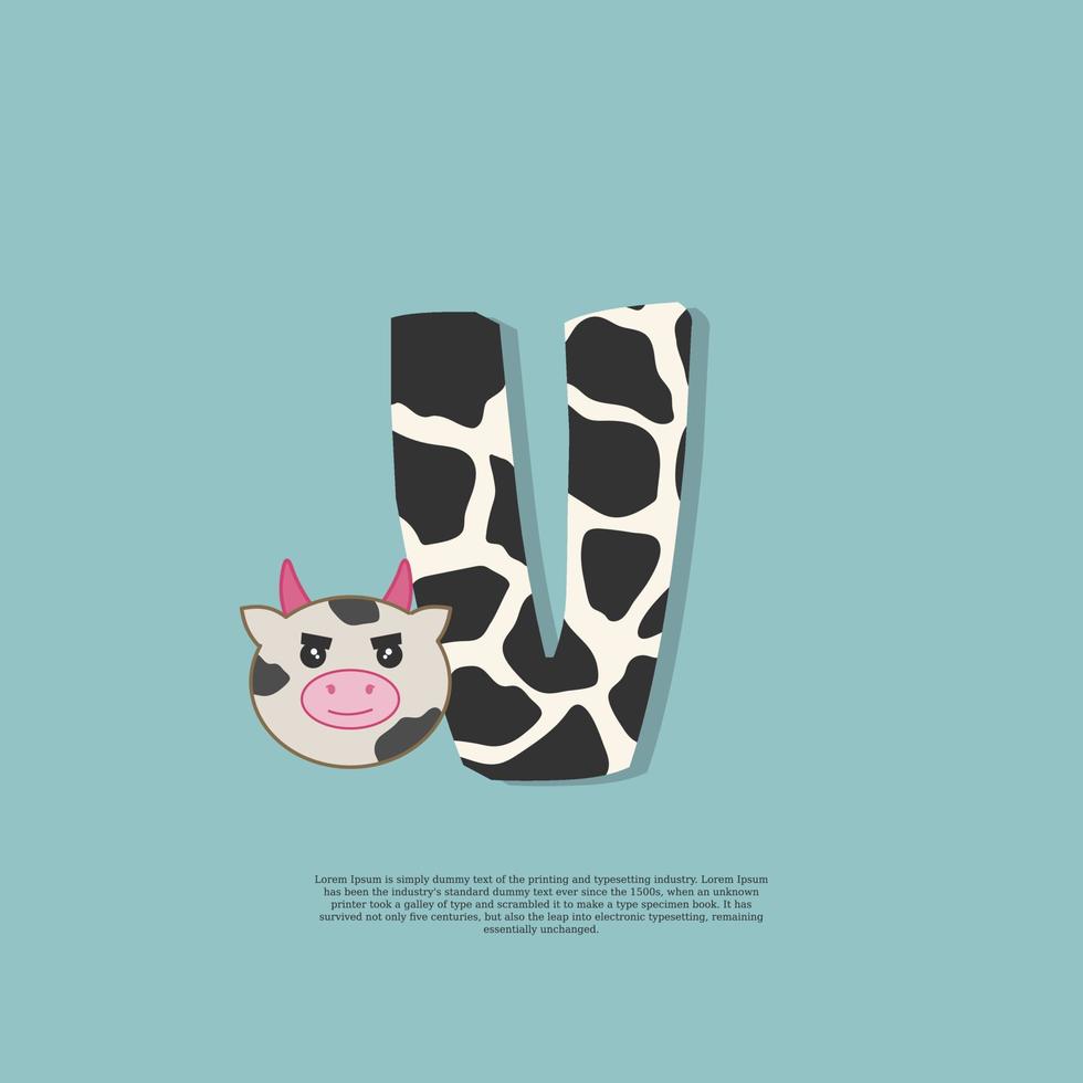 cow skin letter V with cute cow sticker doodle icon vector