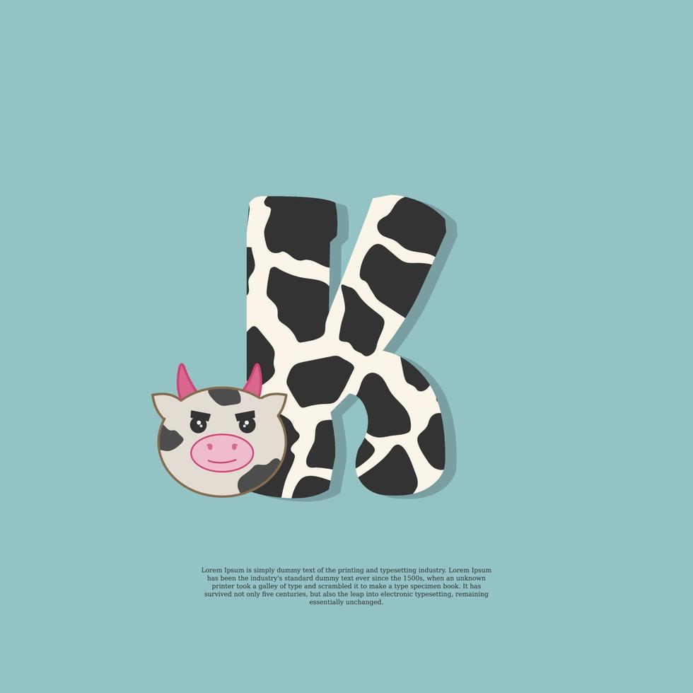 cow skin letter K with cute cow sticker doodle icon vector