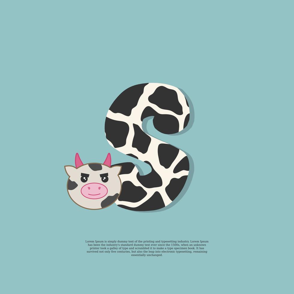cow skin letter S with cute cow sticker doodle icon vector
