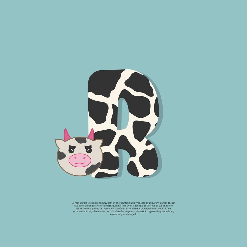 cow skin letter R with cute cow sticker doodle icon vector