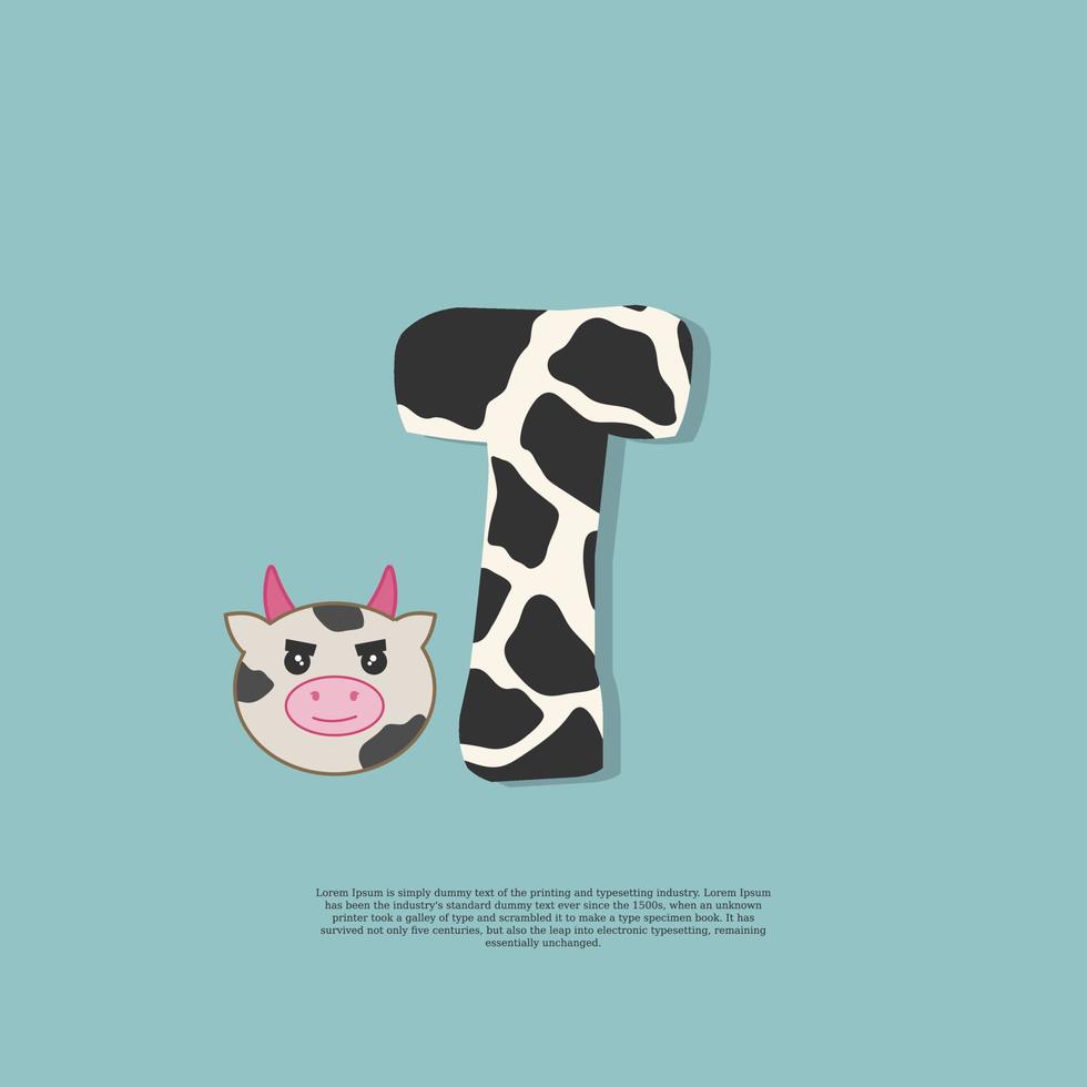 cow skin letter T with cute cow sticker doodle icon vector