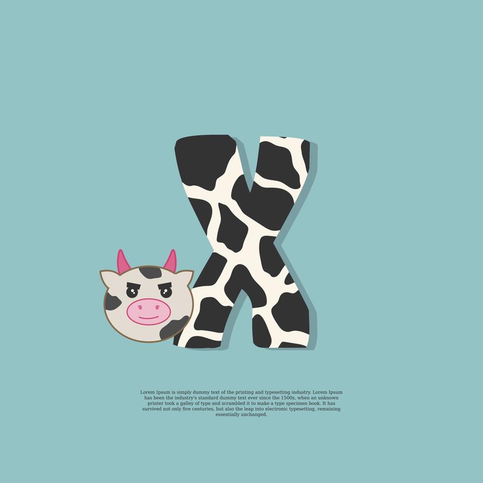 cow skin letter X with cute cow sticker doodle icon vector
