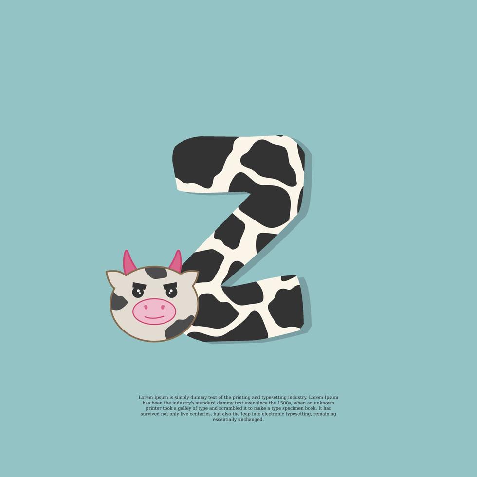 cow skin letter Z with cute cow sticker doodle icon vector
