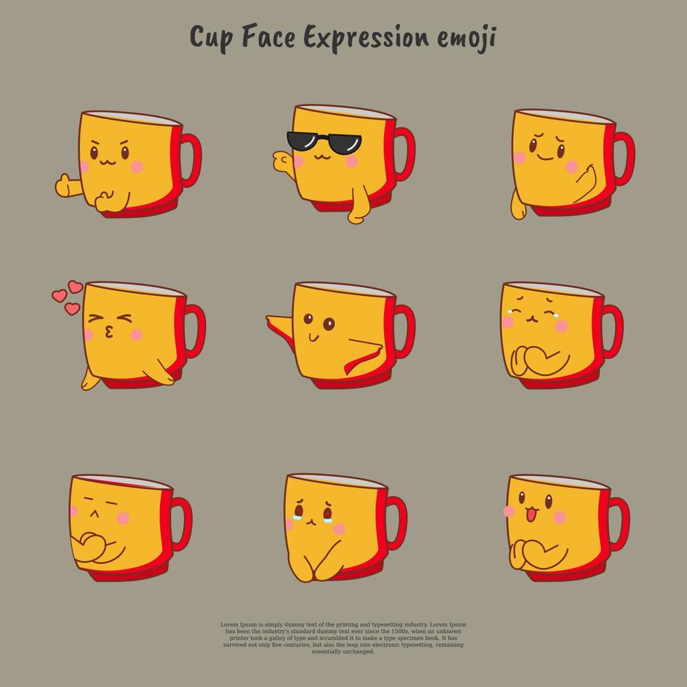 a collection yellow mug cartoon face expression on gray background vector illustration