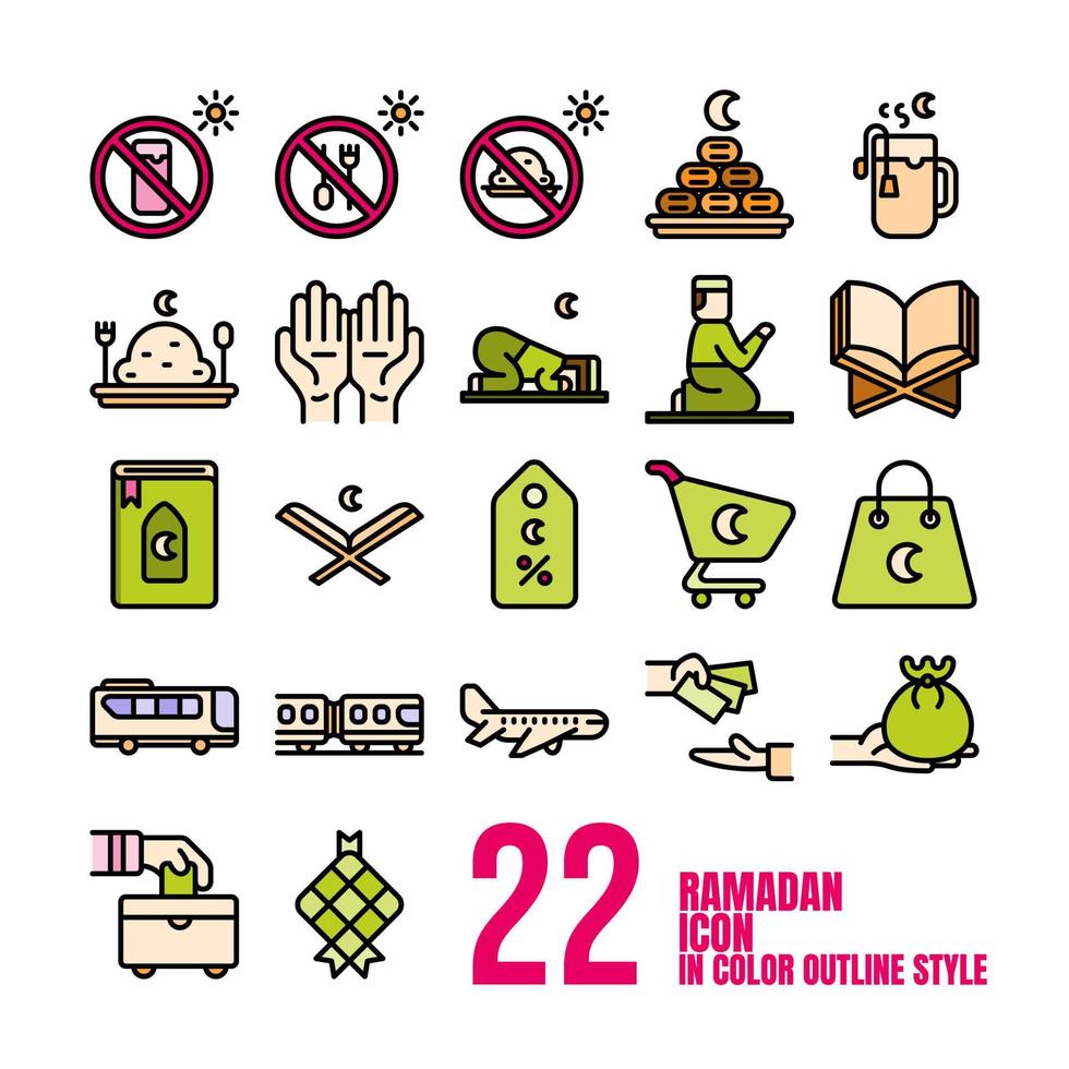 Ramadan Icon Set In Color Outline Style vector