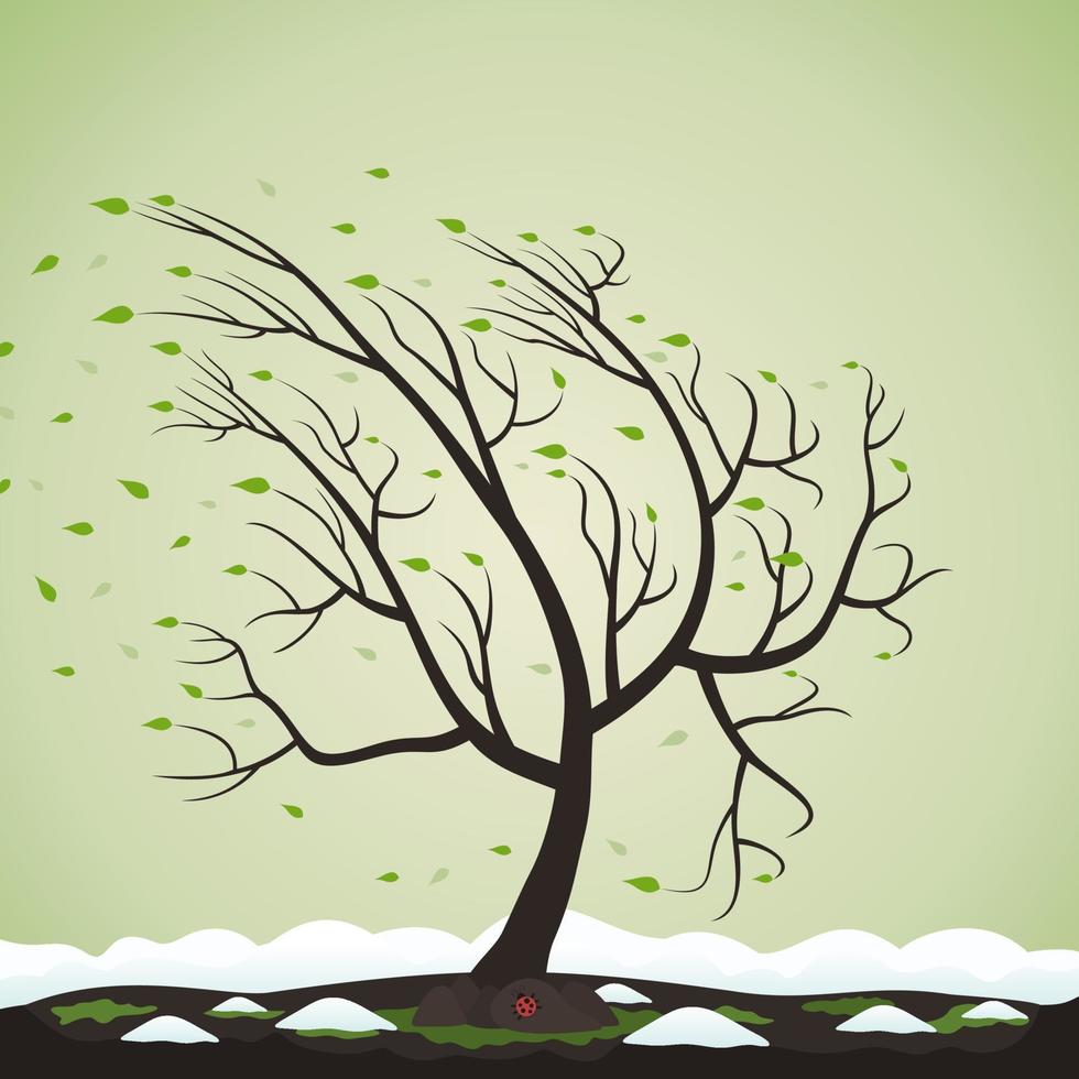 The tree bends in the wind in the spring. Vector illustration
