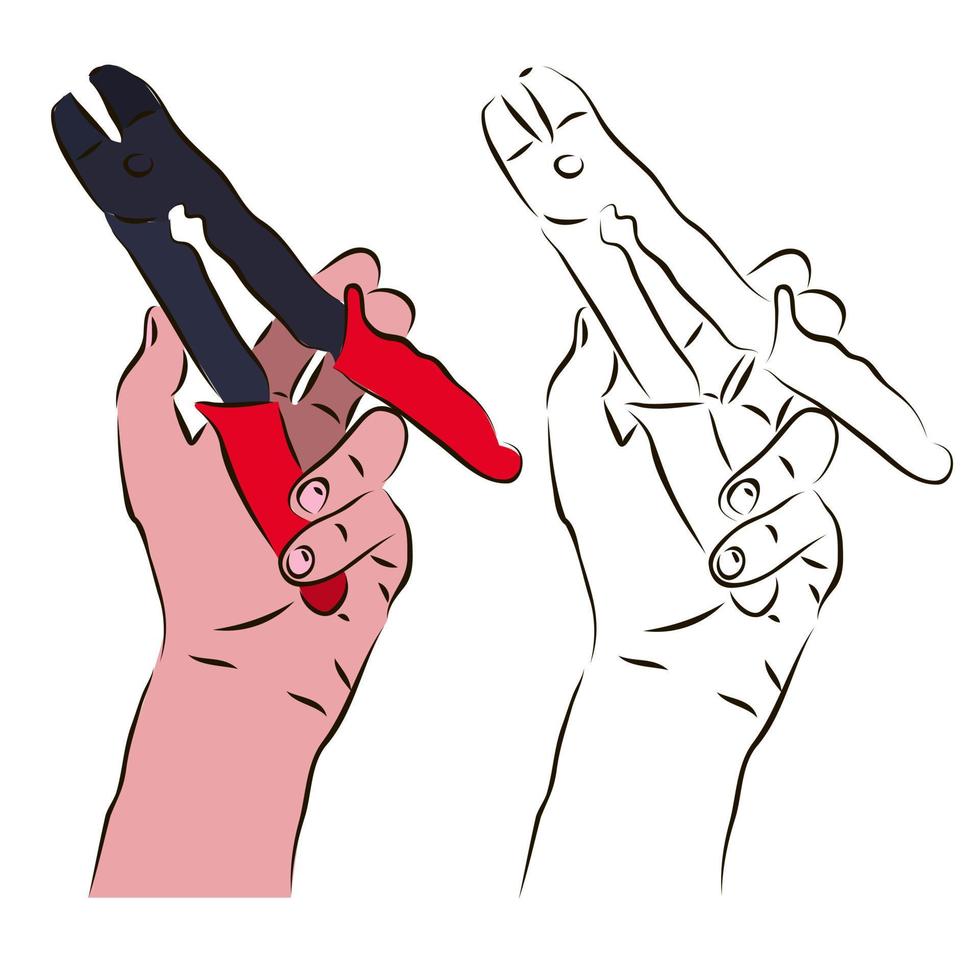 The hand holds the cable cutter for operation. The concept of cutting cables. vector