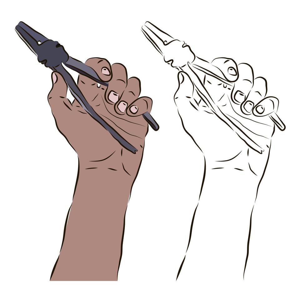 The hand holds the pliers for work. The concept of working with pliers. vector