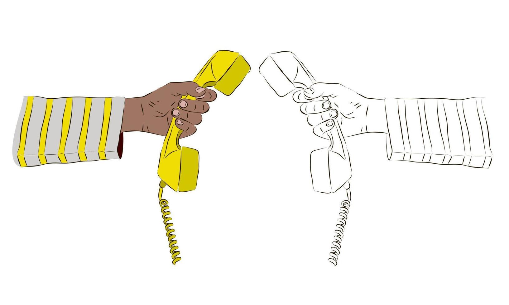 The hand holds an old telephone receiver in yellow and black and white. Vintage pipe concept. vector