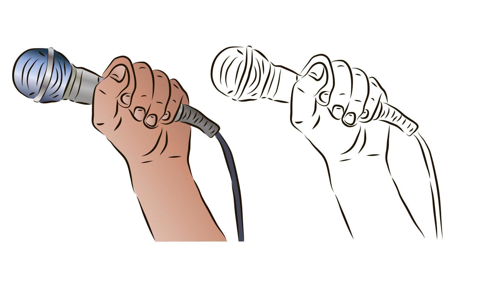 The hand holds the microphone in a color and black-and-white image. The concept of news or karaoke. vector