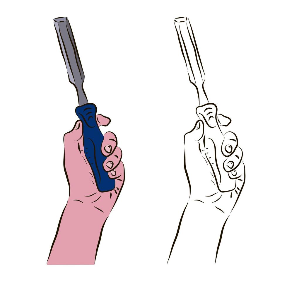 The hand holds a chisel for woodwork. The concept of the carpenter's work. vector