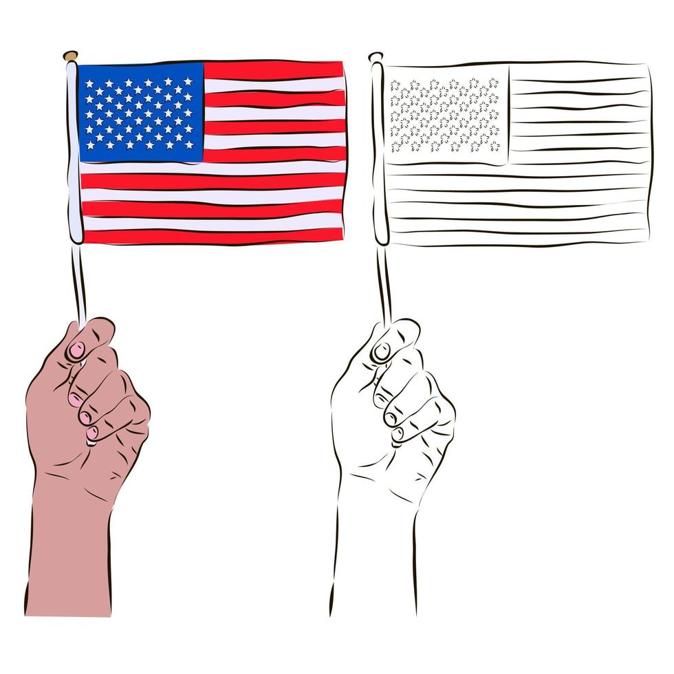 The US flag in the hand of a man in color and black and white. The concept of patriotism. vector