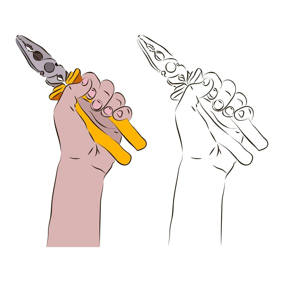 The hand holds the pliers for work. The concept of working with pliers. vector