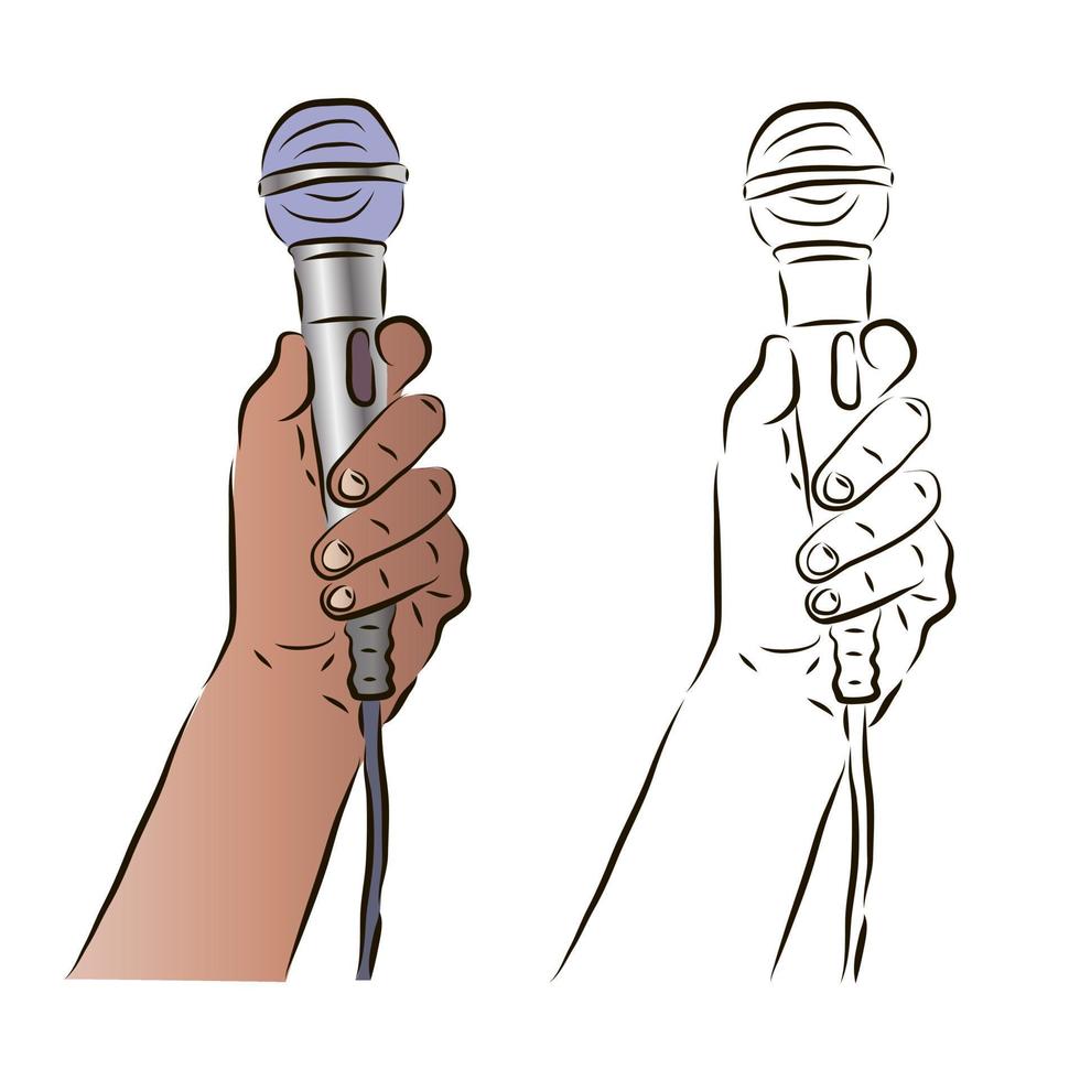 The hand holds the microphone in a color and black-and-white image. The concept of news or karaoke. vector