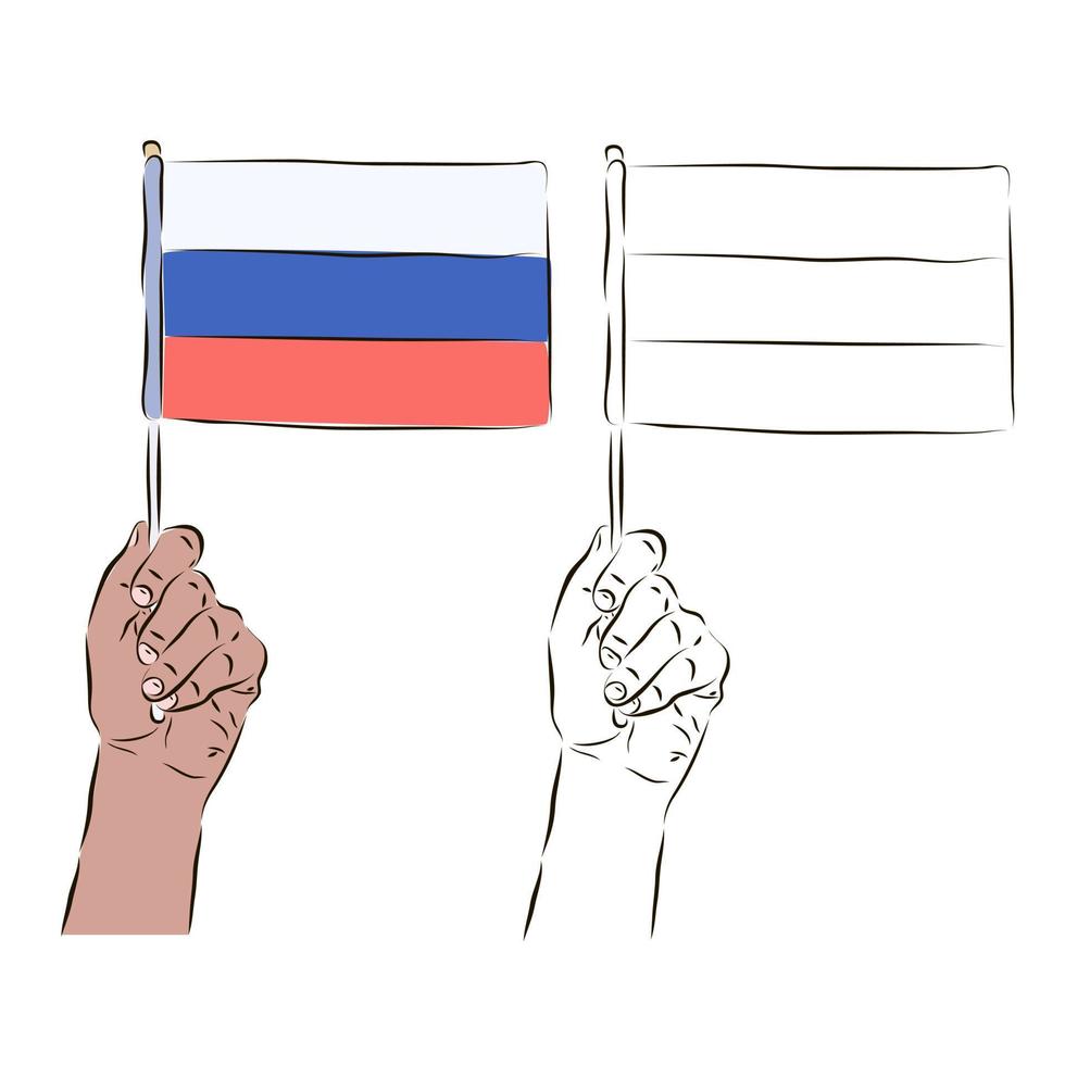 The flag of Russia is in the hand of a man in color and black and white. The concept of patriotism. vector