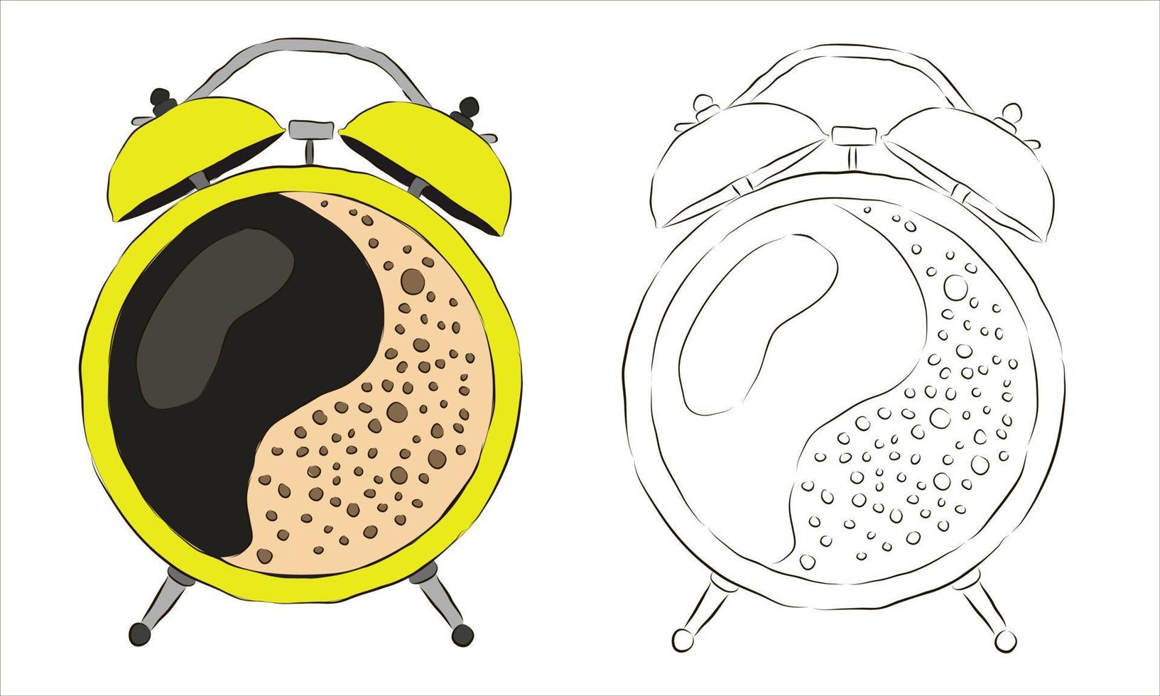 un viejo despertador y café en lugar de un dial. el concepto de la rutina matutina. vector