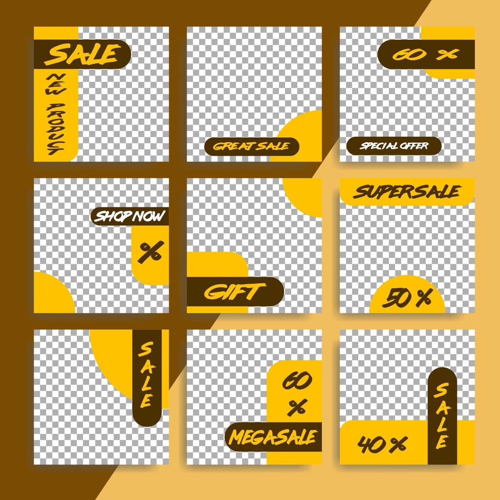 Editable set of square social media post templates with yellow and brown colors with discounts and giveaways. Social media advertising template, also a good template for other online ads. vector