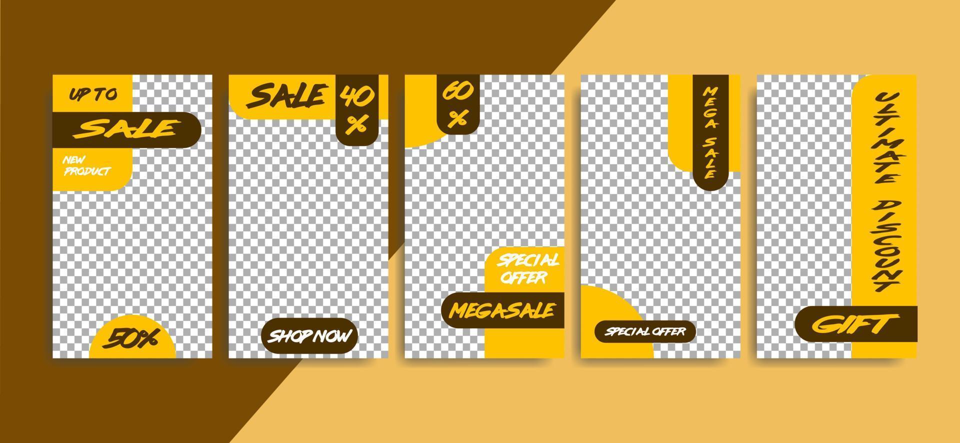 Editable set of square social media post templates with yellow and brown colors with discounts and giveaways. Social media advertising template, also a good template for other online ads. vector