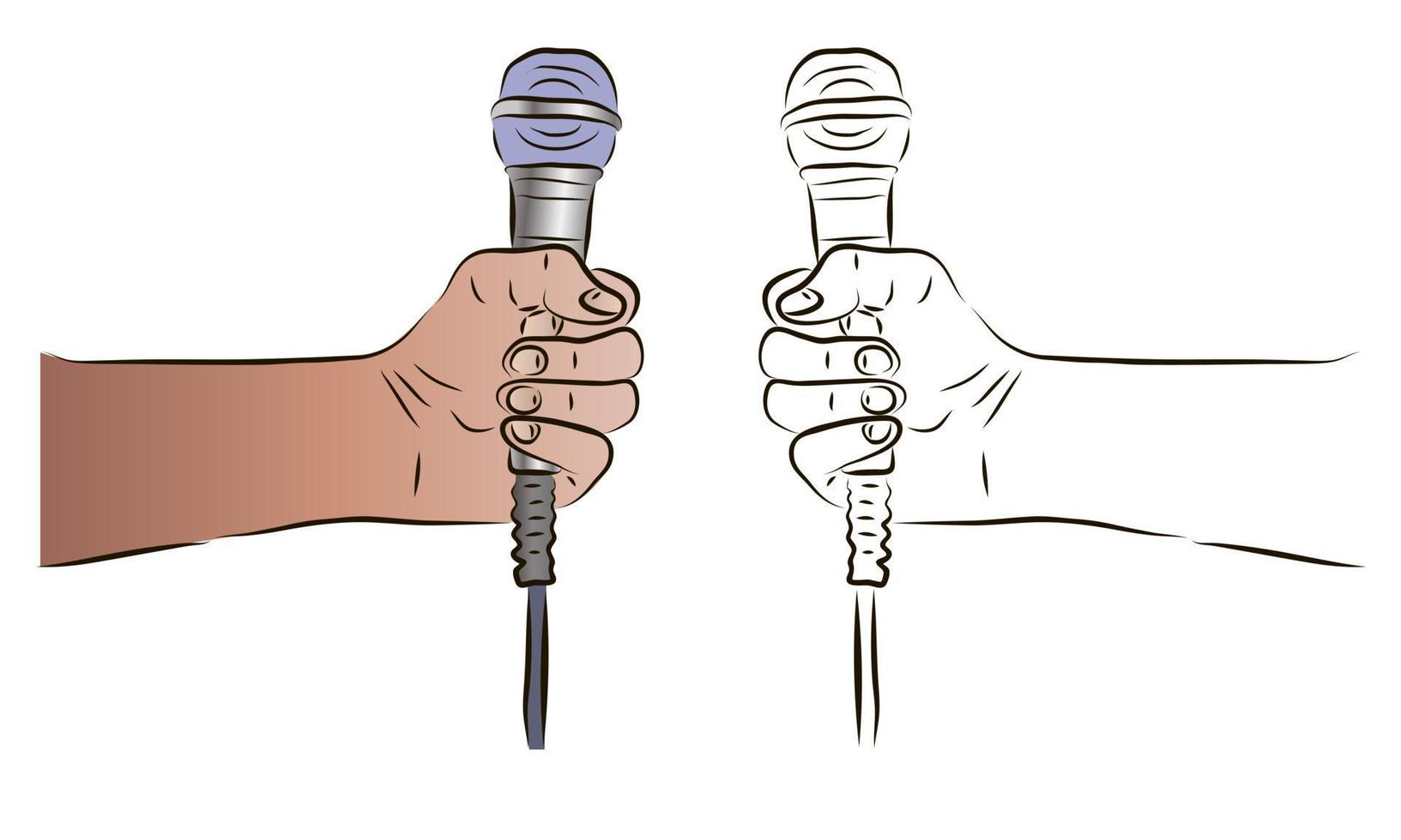 The hand holds the microphone in a color and black-and-white image. The concept of news or karaoke. vector