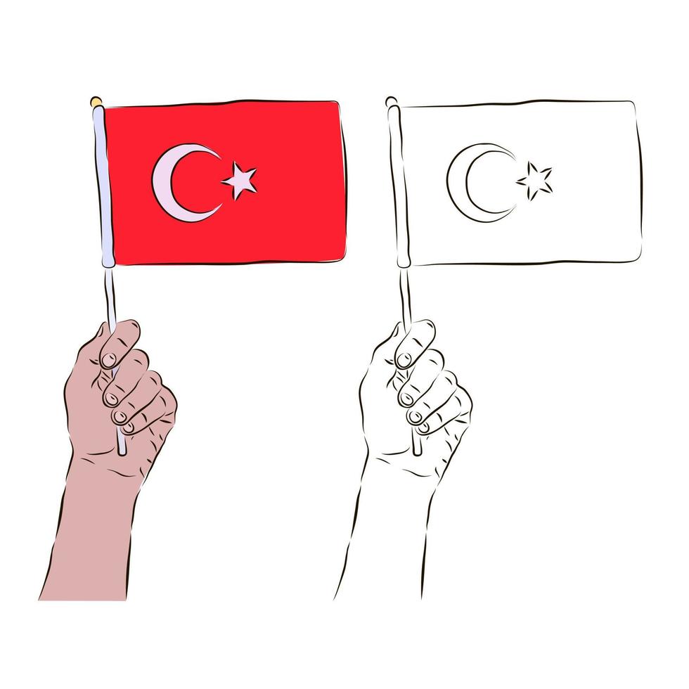The flag of Turkey is in the hand of a man in color and black and white. The concept of patriotism. vector
