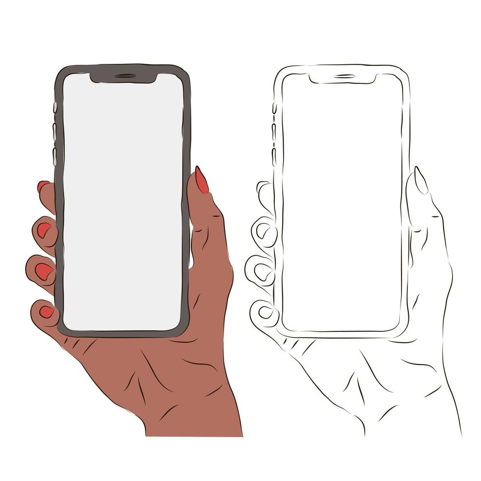 A woman's hand holds a mobile phone on a white background with space for text. Modern phone concept. vector