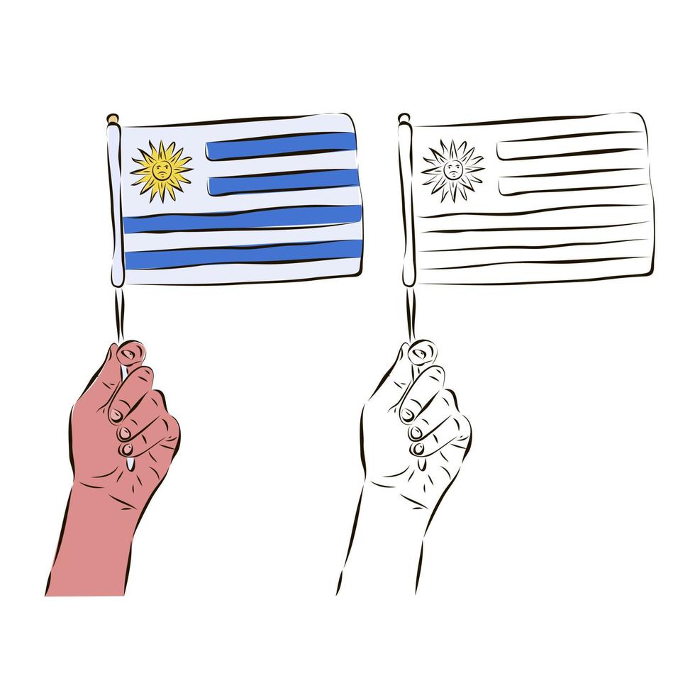 The flag of Uruguay in the hand of a man in color and black and white. The concept of patriotism. vector