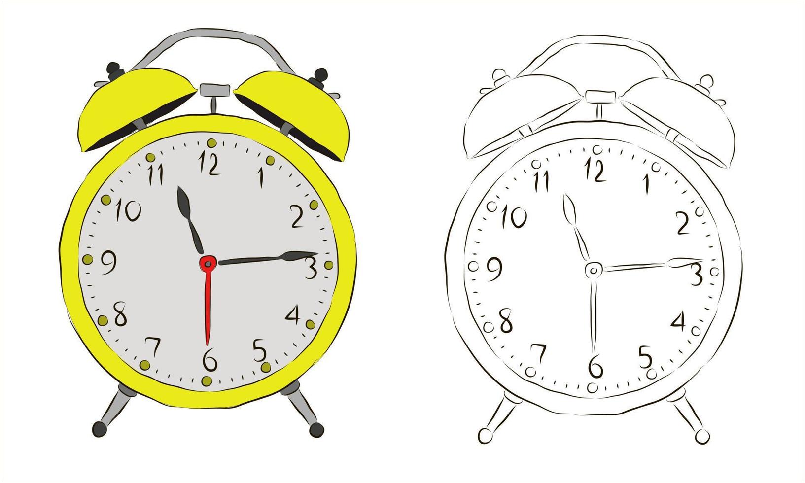 Old yellow and black and white alarm clock. Drawn alarm clock. vector