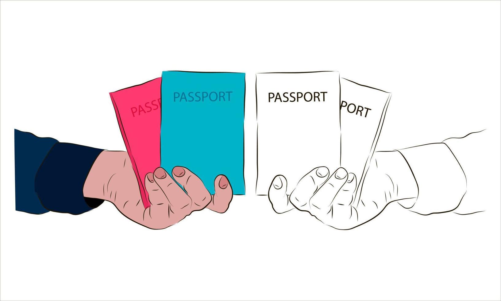 The hand holds two passports for identification. Passepartout verification concept. vector