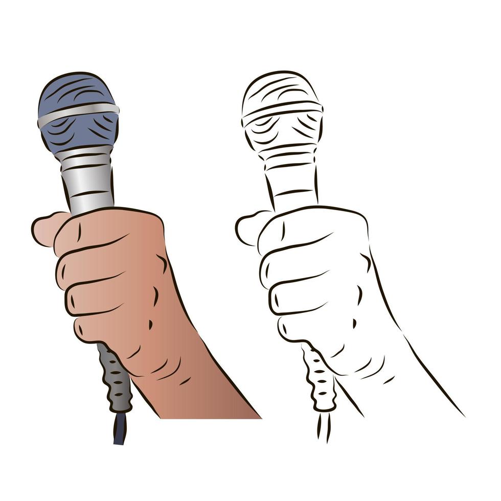 The hand holds the microphone in a color and black-and-white image. The concept of news or karaoke. vector