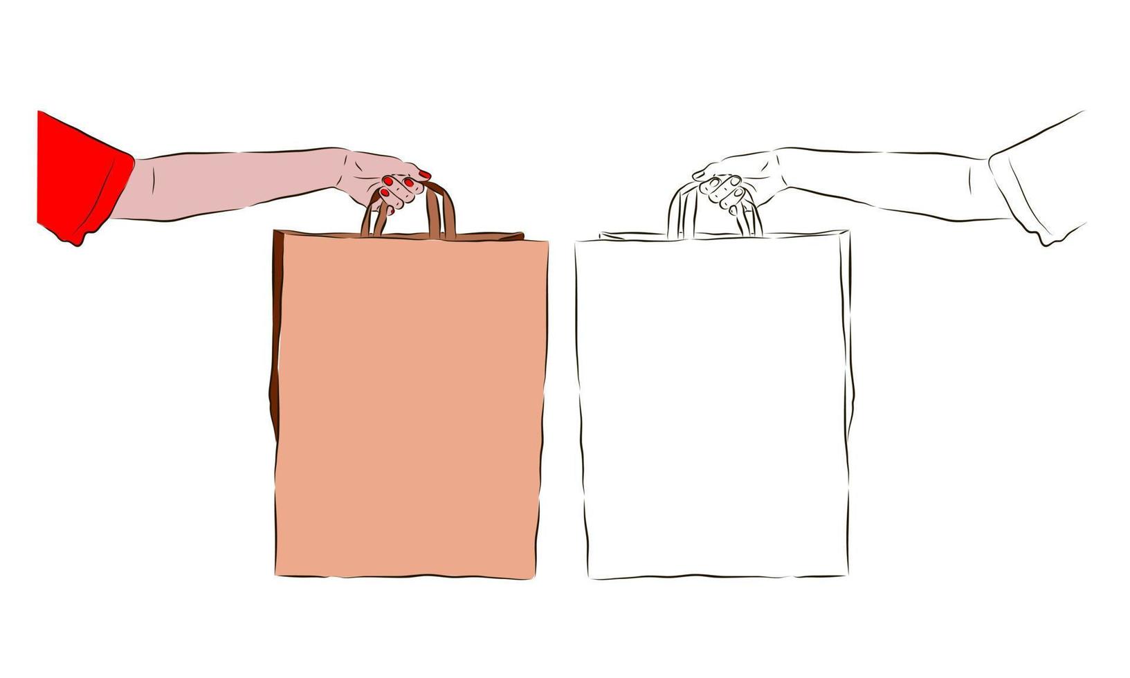 The hand holds a brown paper bag, as well as in black and white. The concept of shopping and discounts. vector