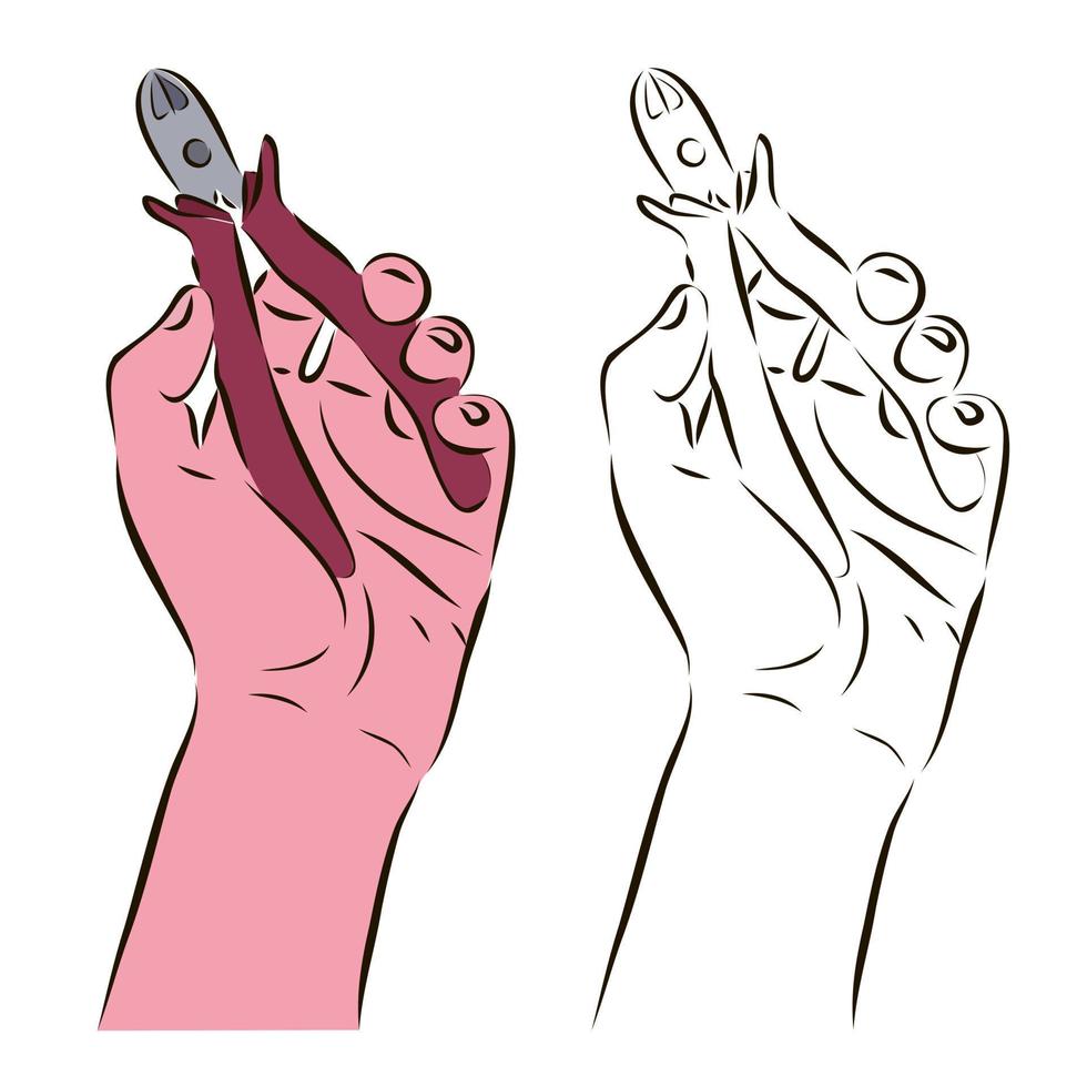 The worker's hand holds wire cutters. The concept of working with wire cutters. vector