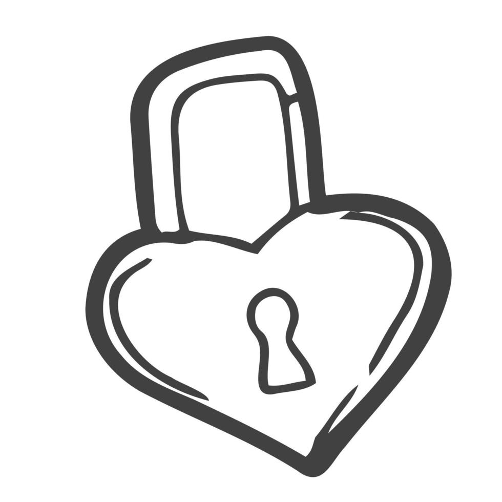 Key lock in the shape of a heart. Hand drawn sketch style, vector illustration.