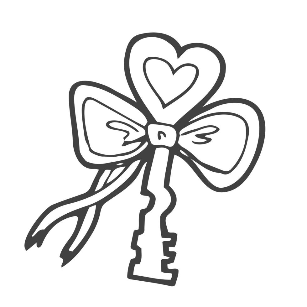 A key with a heart shape in doodle style, isolated on white background. Vector illustration of a little clue. A declaration of love and romantic feelings. For greeting card, poster, Valentine's day.