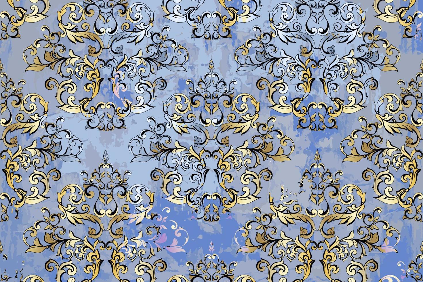 patrón victoriano de damasco vectorial, impresión de acanto mural. muro de hormigón grunge con adornos y estampados. decoración colorida de azulejos de cerámica. remolino de ornamento de pergamino barroco vector