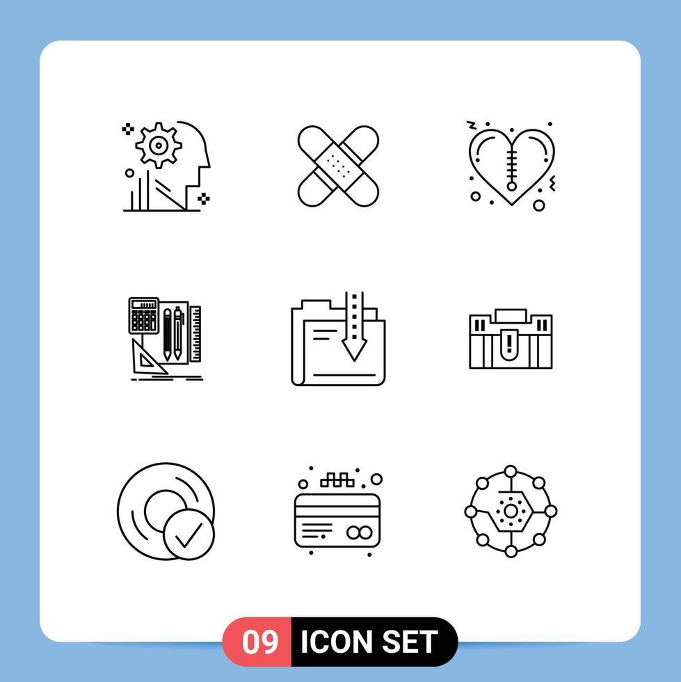 Pack of 9 creative Outlines of pen book kit stationary valentines Editable Vector Design Elements