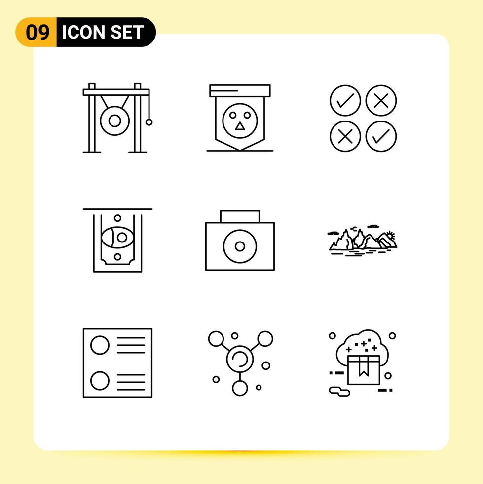 Outline Pack of 9 Universal Symbols of suitcase money skull cash tick Editable Vector Design Elements