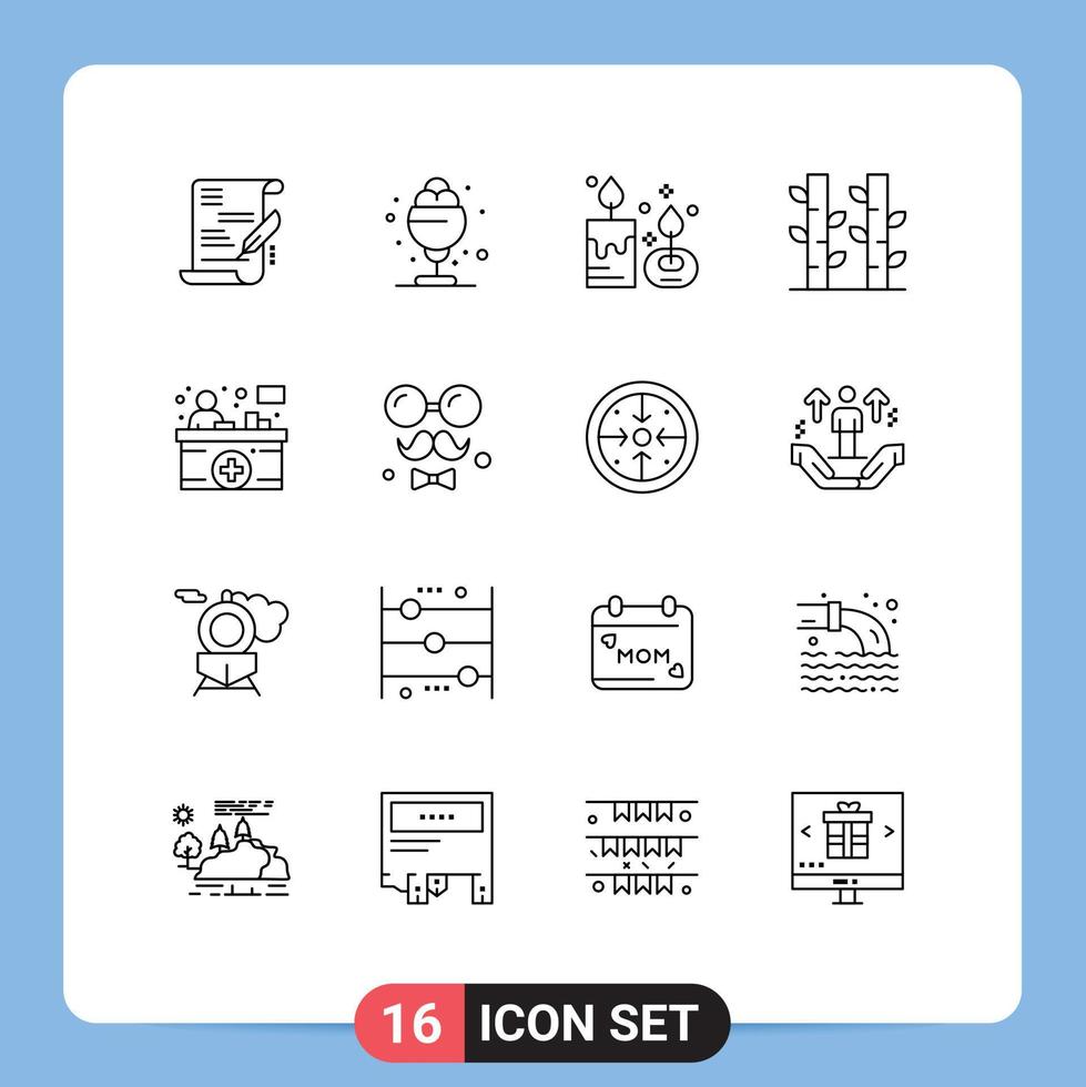 Pack of 16 Modern Outlines Signs and Symbols for Web Print Media such as front desk plant aroma candle nature bamboo Editable Vector Design Elements