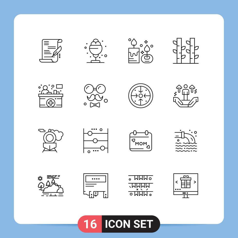 paquete de 16 signos y símbolos de contornos modernos para medios de impresión web, como elementos de diseño de vectores editables de bambú de naturaleza de vela de aroma de planta de recepción