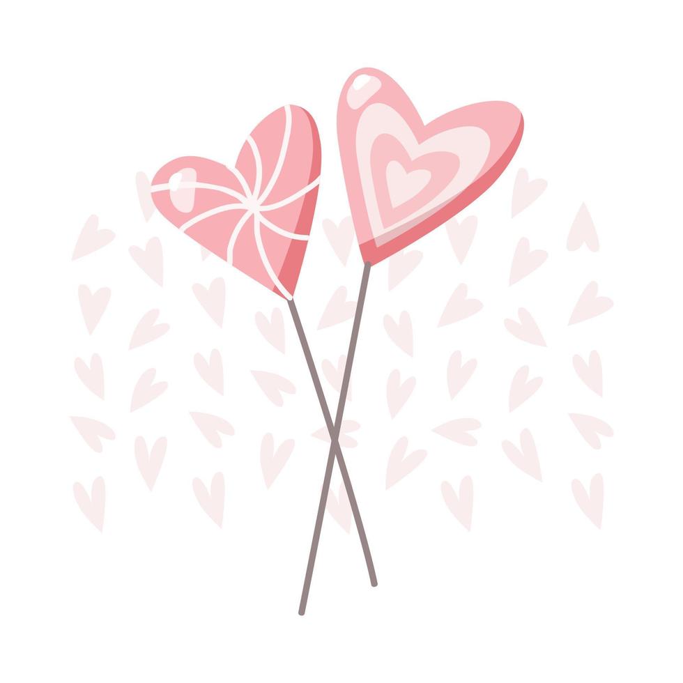 Couple of heart shape lollipop candy. Valentine's day pale pink color sweet flat graphic illustration vector