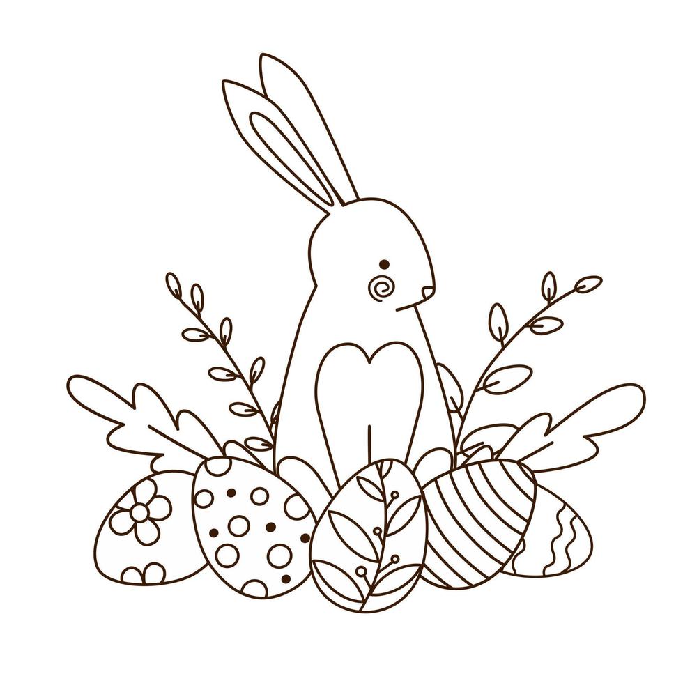el conejito de pascua, los huevos y las ramitas dibujan la ilustración monocromática del vector del esquema para colorear páginas o el diseño de tarjetas de pascua.