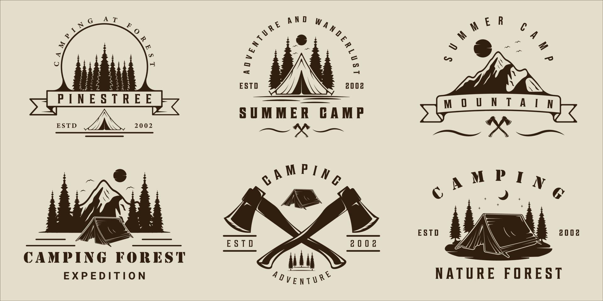 conjunto de camping en bosque y montaña logotipo vintage vector ilustración plantilla icono diseño gráfico. colección de paquetes de varios signos o símbolos de viajes al aire libre para el concepto de aventura y pasión por los viajes