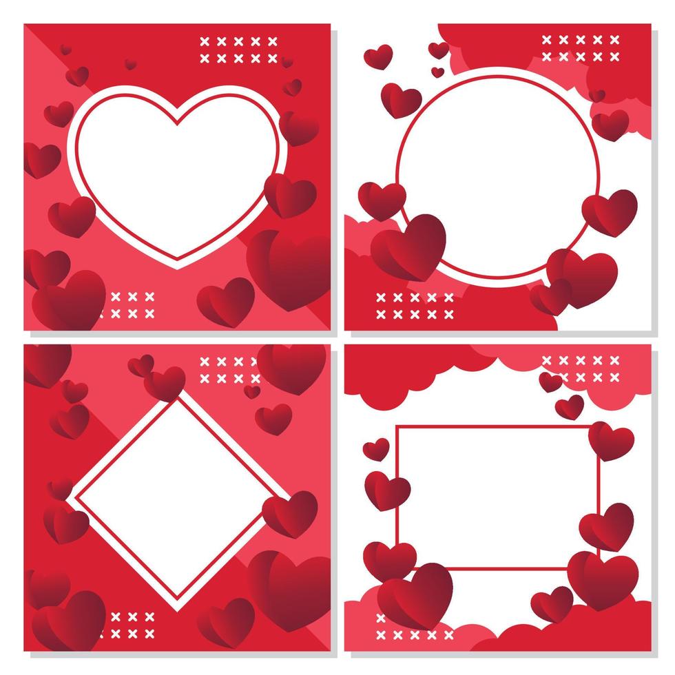 conjunto de carteles de concepto de día de san valentín. ilustración vectorial corazón rojo degradado con marco blanco sobre fondo geométrico. linda pancarta de venta de amor o tarjeta de felicitación vector