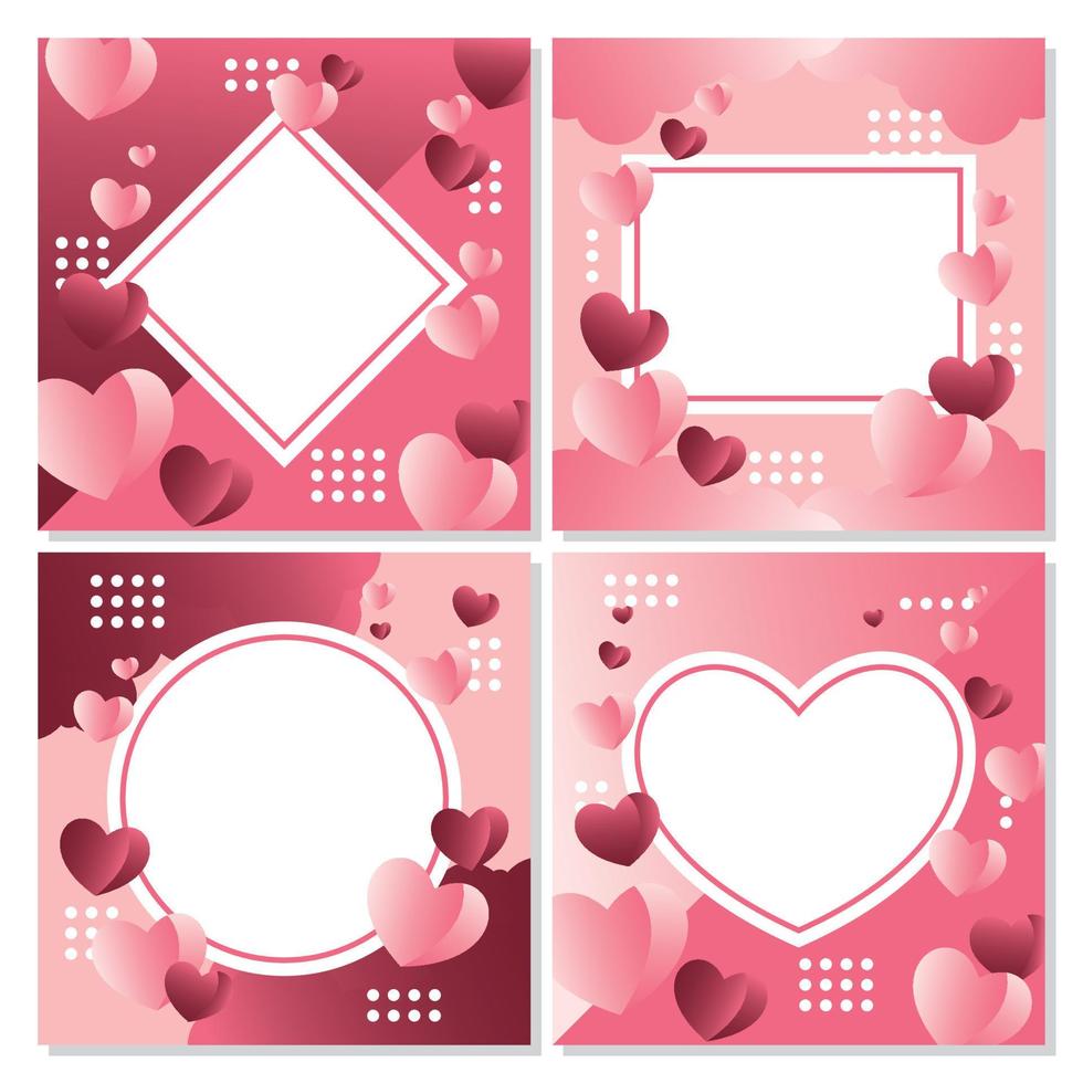 conjunto de carteles de concepto de día de san valentín. ilustración vectorial corazón rosa y rosa degradado con marco sobre fondo geométrico. linda pancarta de venta de amor o tarjeta de felicitación vector