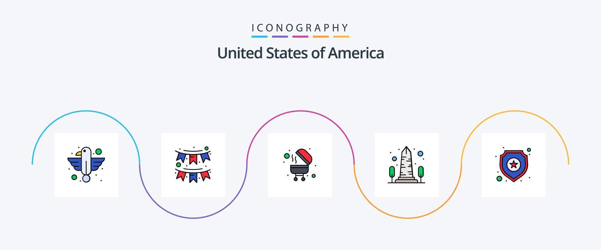 paquete de iconos de 5 planos llenos de línea de estados unidos que incluye washington. vista. fiesta. Monumento. parrilla vector