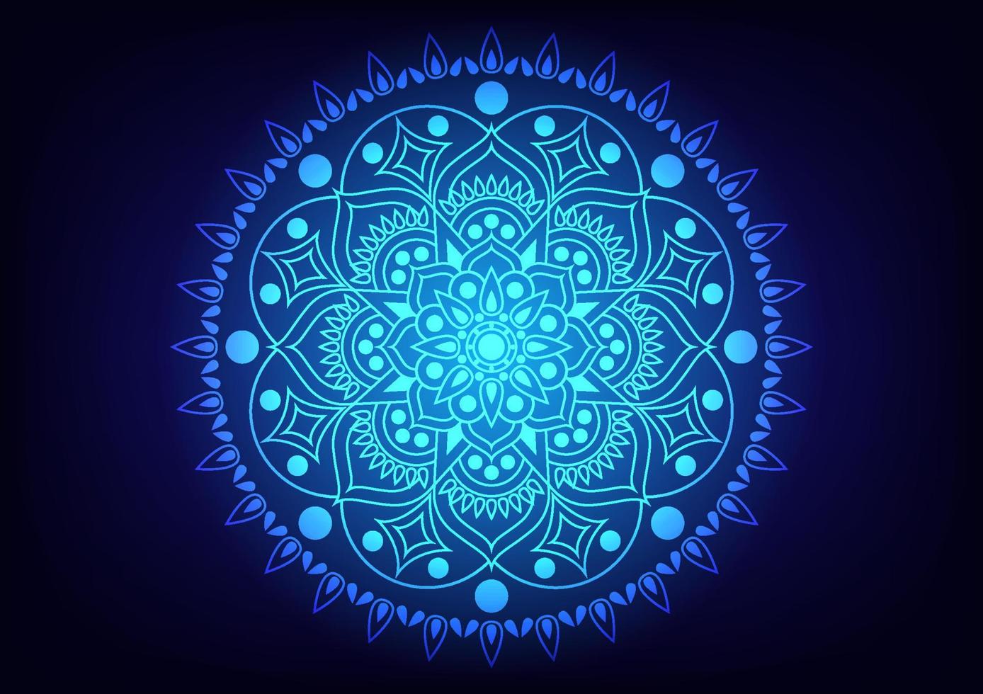 Mandala flower circle center light blue neon background vector