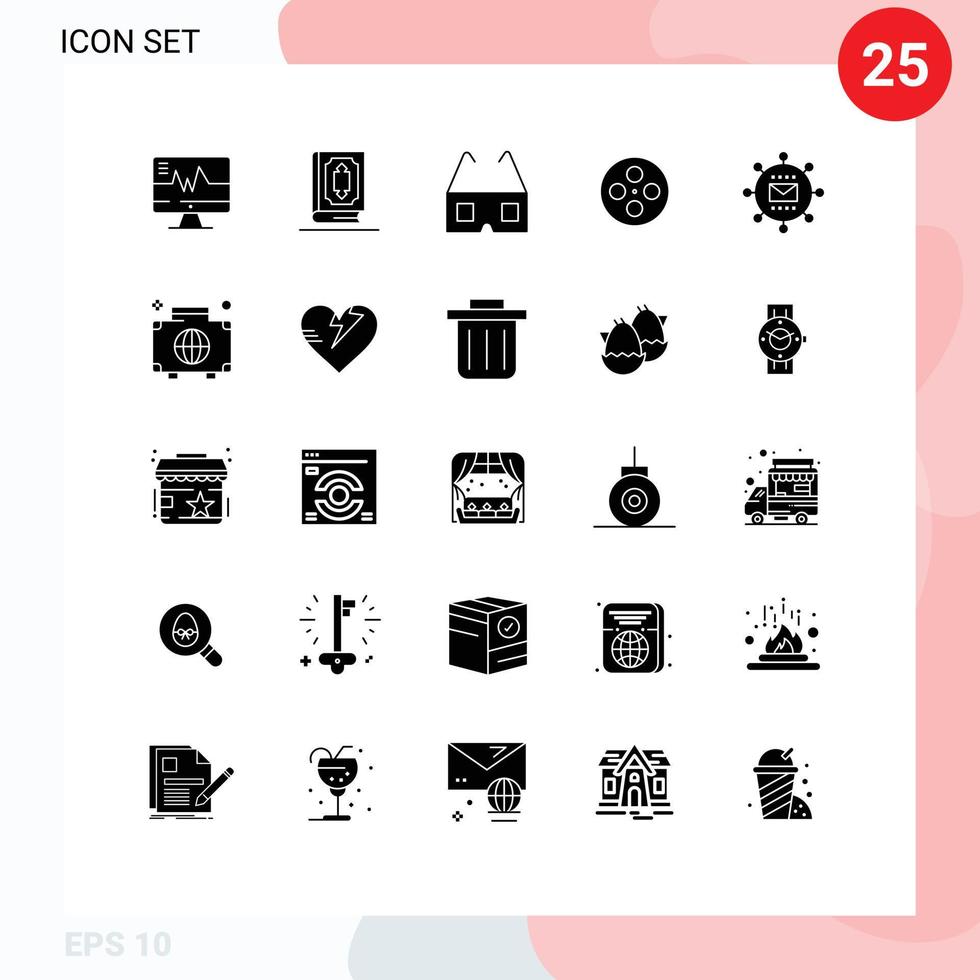 25 Thematic Vector Solid Glyphs and Editable Symbols of mail multimedia muslim movie cinema Editable Vector Design Elements